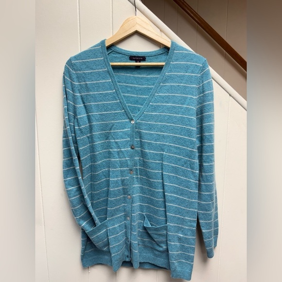 Lands' End Sweaters - Lands' End Teal and White Wool Blend Striped V Neck Cardigan